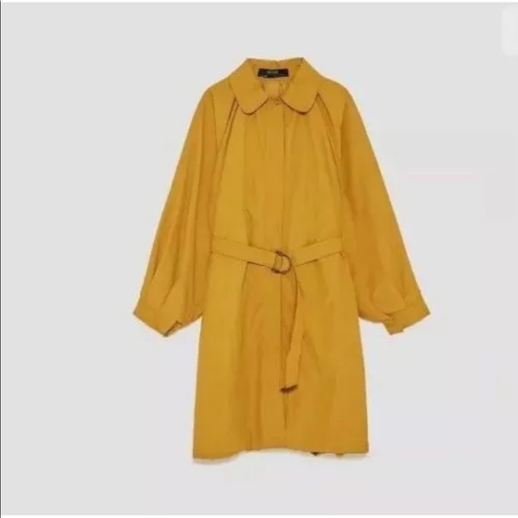 Zara Mustard Yellow Balloon Sleeves Water Repellent Trench Coat Raincoat XS NWT - Picture 2 of 8